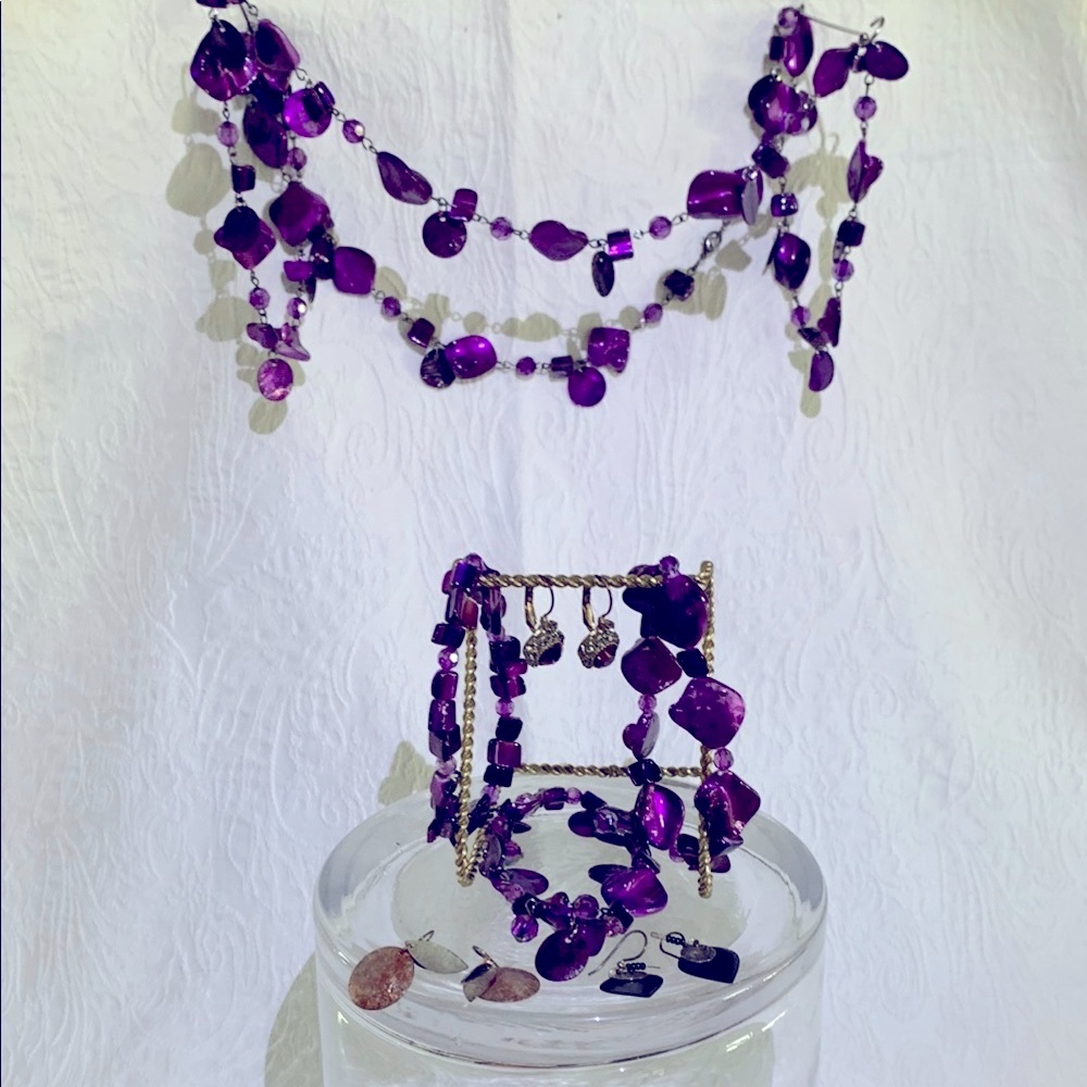 Purple Beaded Jewelry Set - 7 pieces
